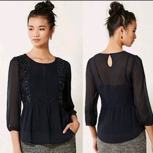 Anthro Maeve Navy Beaded Blouse